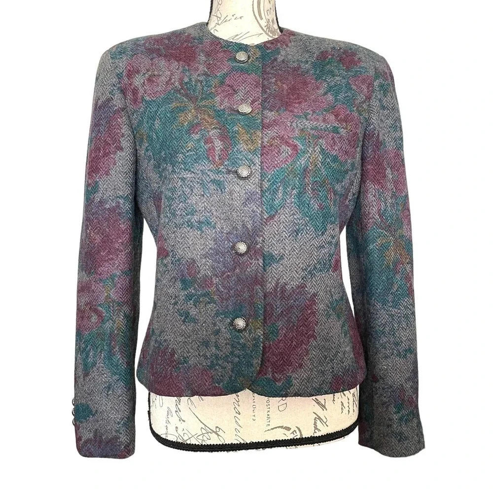 Evan Picone Purple Teal Floral Herringbone Wool Blend Jacket